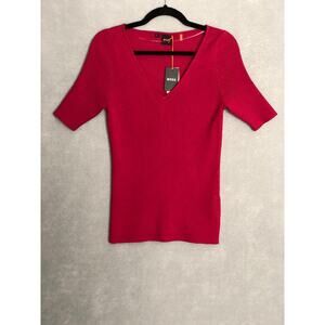 BOSS Ribbed Short Sleeve Knit Top V-Neck in Medium Pink Women's Large NEW
